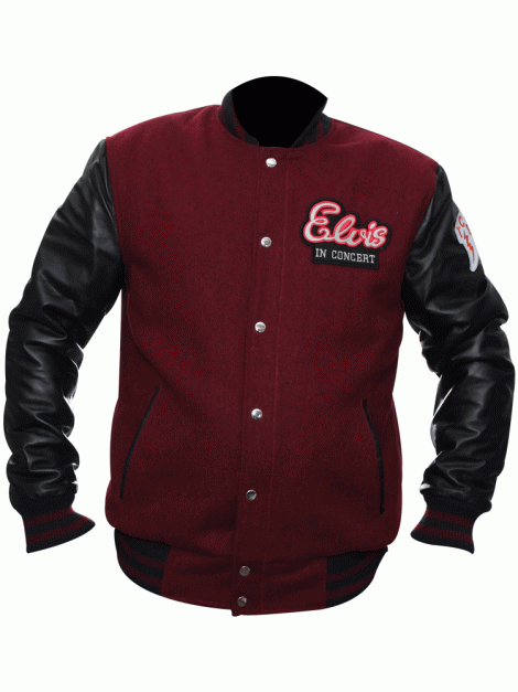 Elvis In Concert maroon and black wool and leather varsity jacket for men