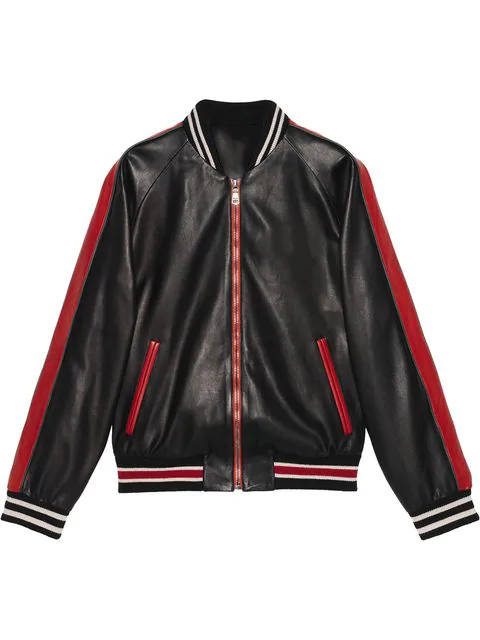 Men's black sheepskin leather bomber jacket with ribbed collar