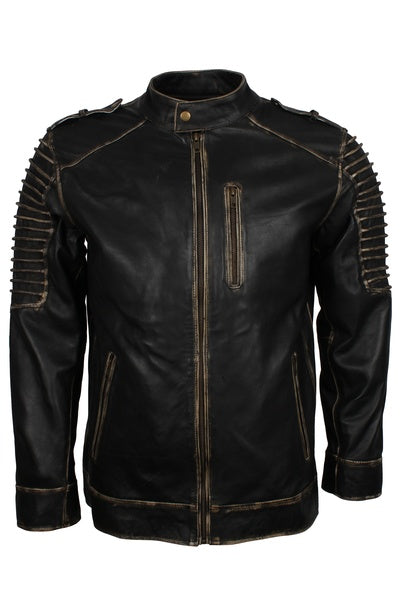 Men's distressed black Halloween leather motorcycle jacket with back patch
