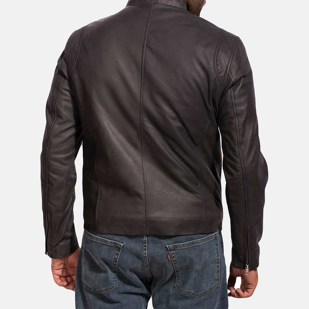Men's black sheepskin leather motorcycle jacket with band collar, photo 3