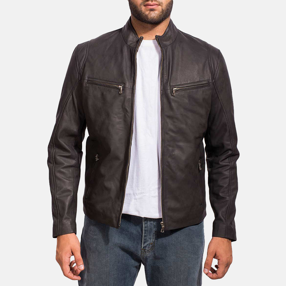 Men's black sheepskin leather motorcycle jacket with band collar