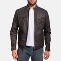 Men's black sheepskin leather motorcycle jacket with band collar