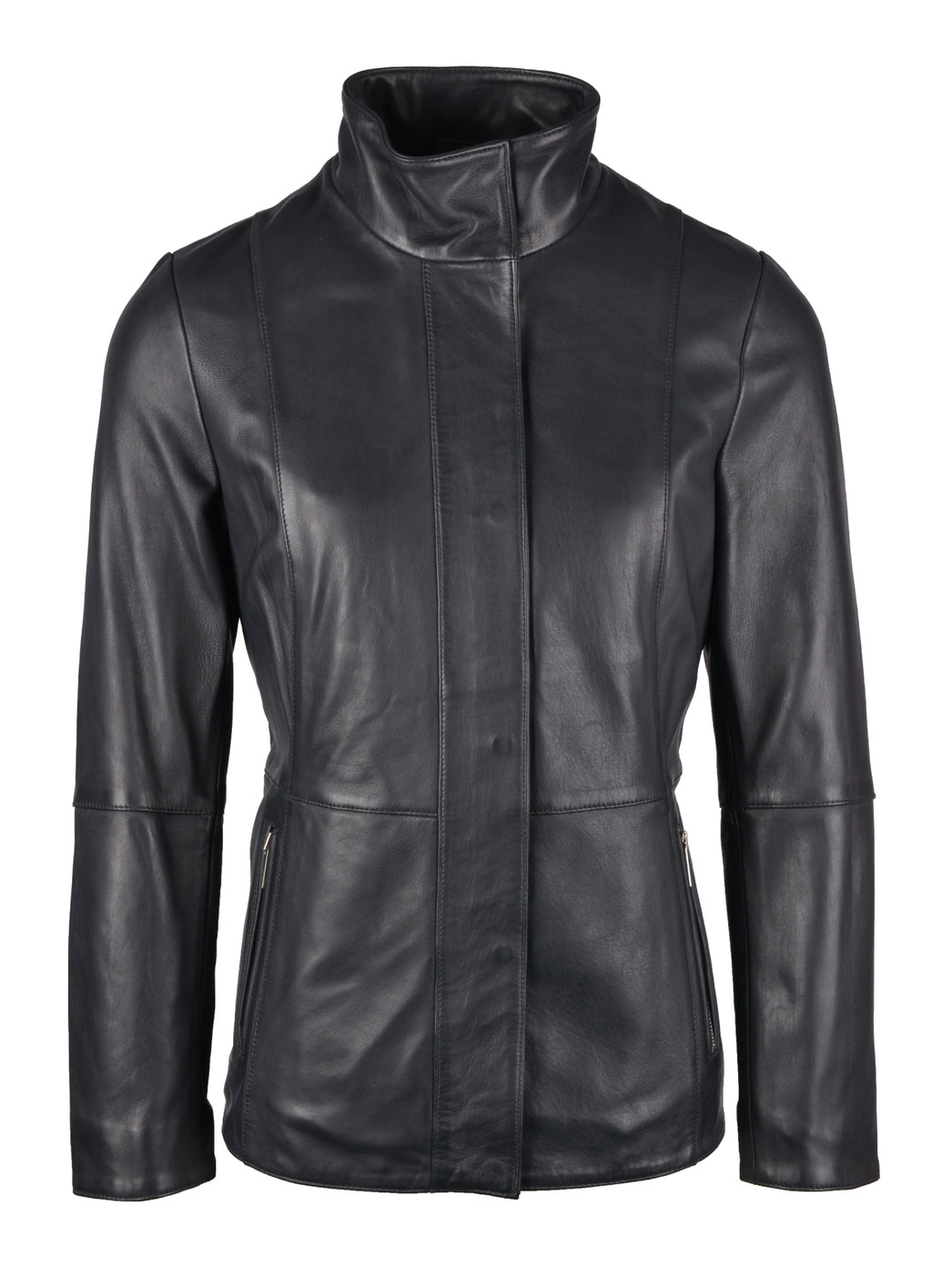 Paisley dark sapphire leather jacket for women with funnel collar