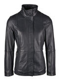 Paisley dark sapphire leather jacket for women with funnel collar