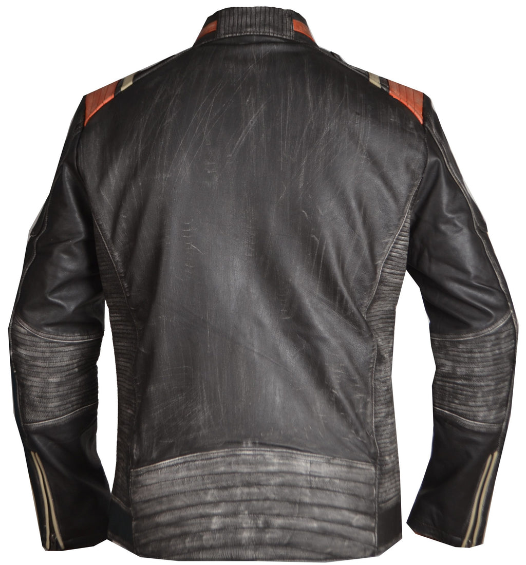 Vintage cafe racer jacket in distressed black and orange leather, photo 2