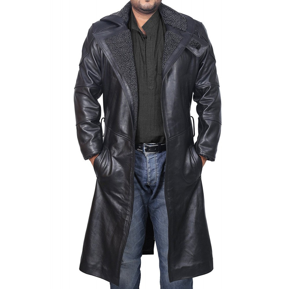 Blade Runner 2049 long black leather trench coat for men