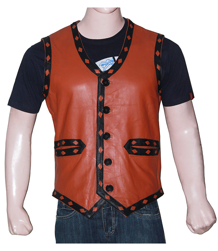 Men's tan skull leather vest with Punisher back patch, photo 2
