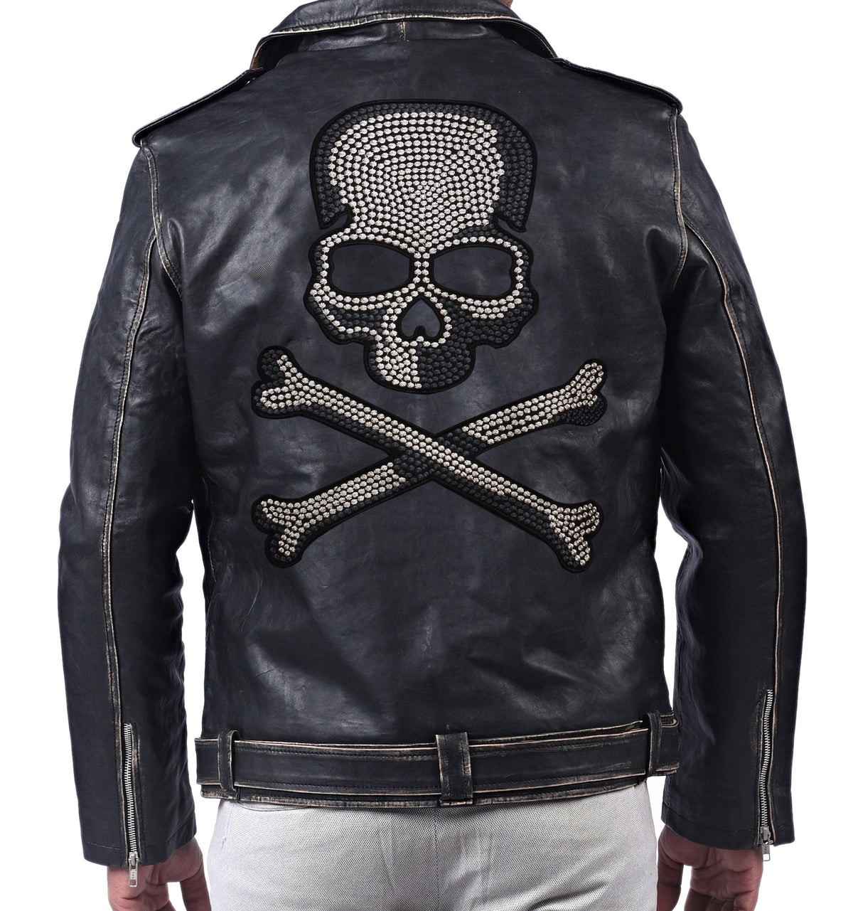 Blackpool Halloween skull black sheepskin biker jacket for men