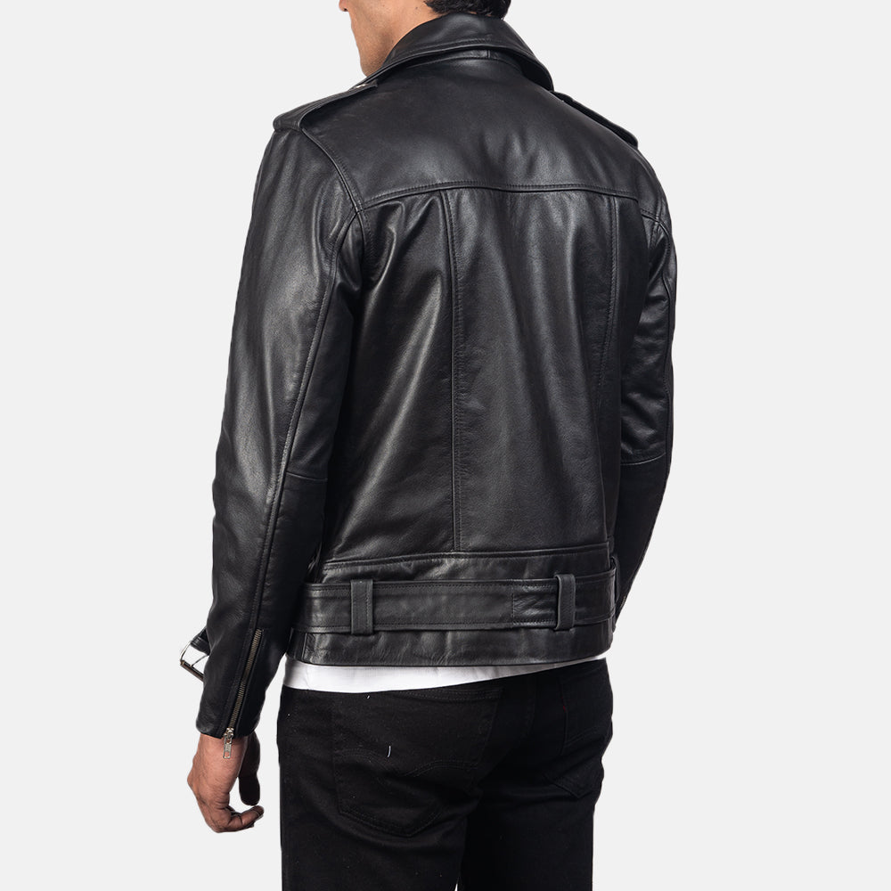 Men's black belted genuine leather jacket, photo 3