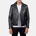Men's black belted genuine leather jacket with notch collar