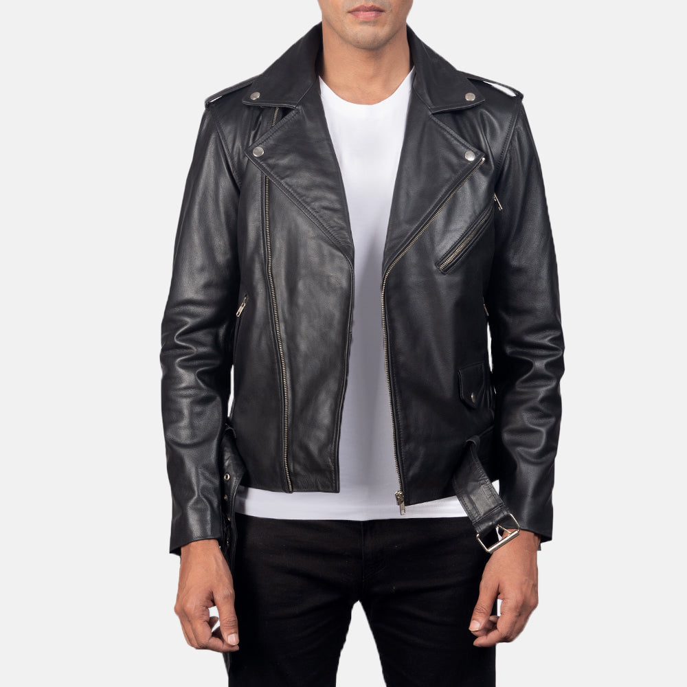 Men's black belted genuine leather jacket with notch collar