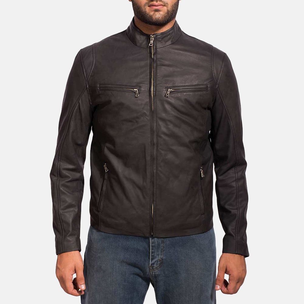 Men's black sheepskin leather motorcycle jacket with band collar, photo 2