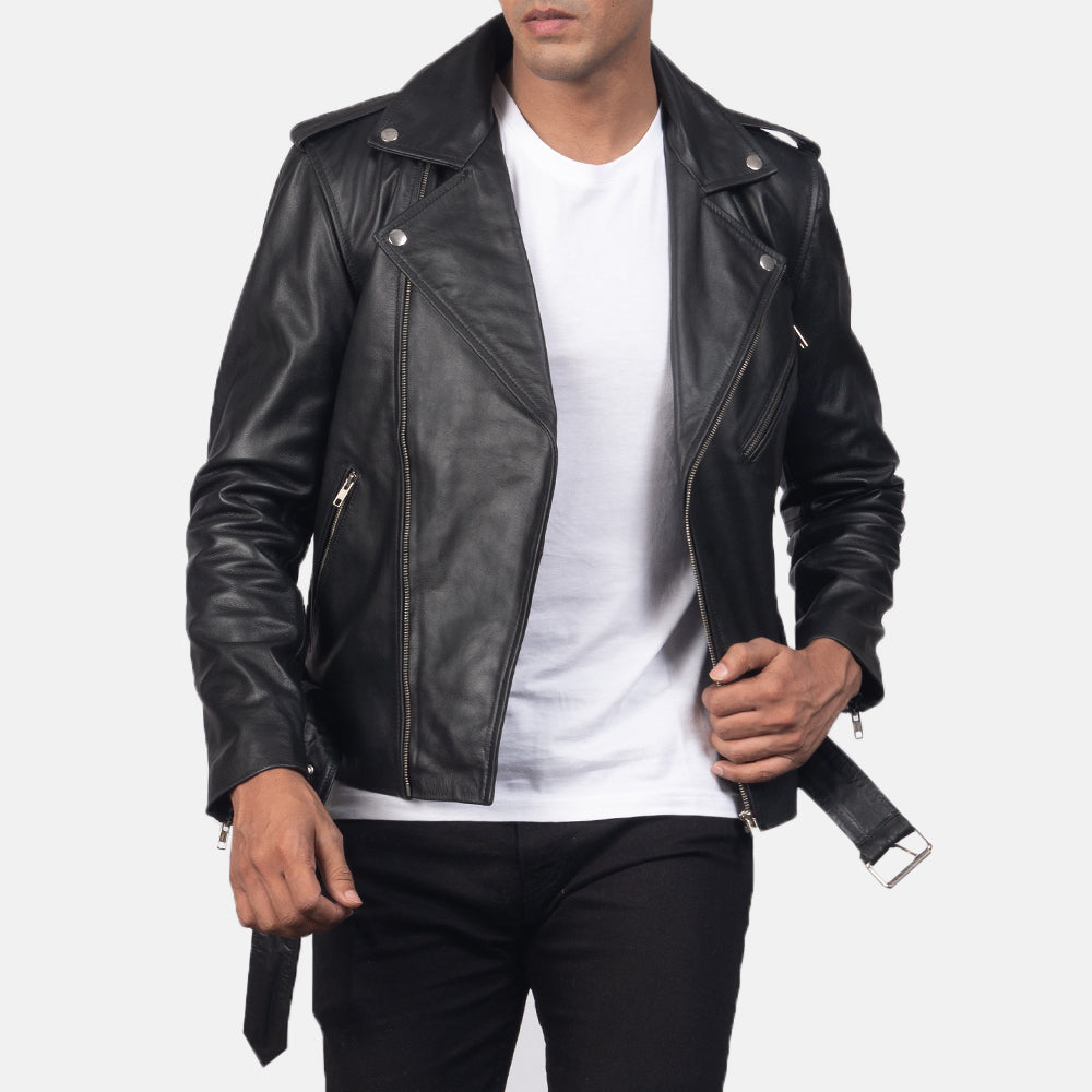 Men's black belted genuine leather jacket, photo 2