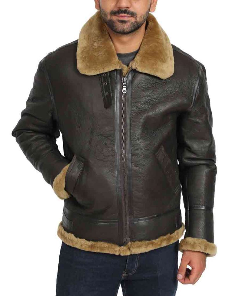 Tom Hardy Dunkirk Farrier black leather jacket for men with shearling