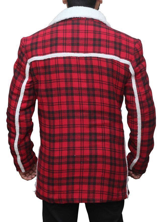 Men's red flannel jacket with faux fur shearling collar, photo 2