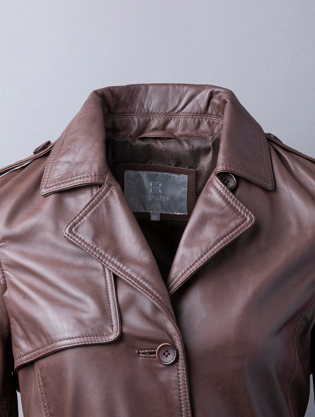 Perth pecan brown aniline leather trench coat for women with belt