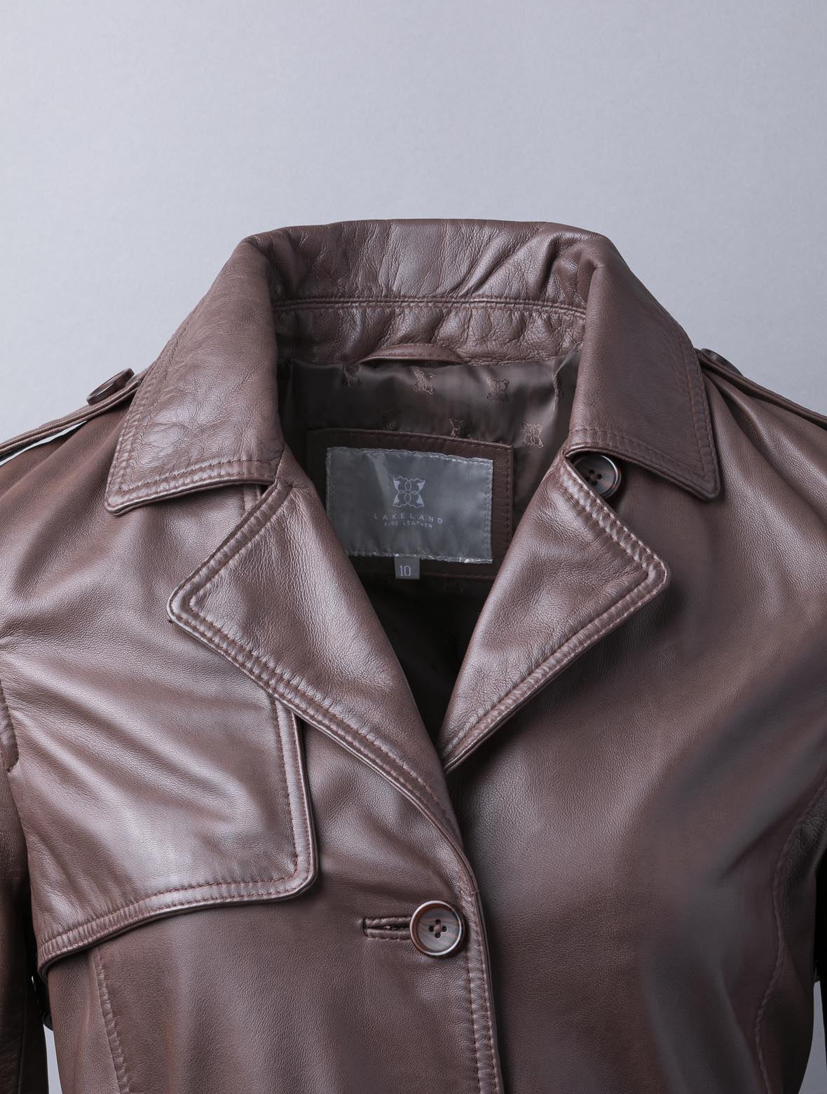 Perth pecan brown aniline leather trench coat for women with belt