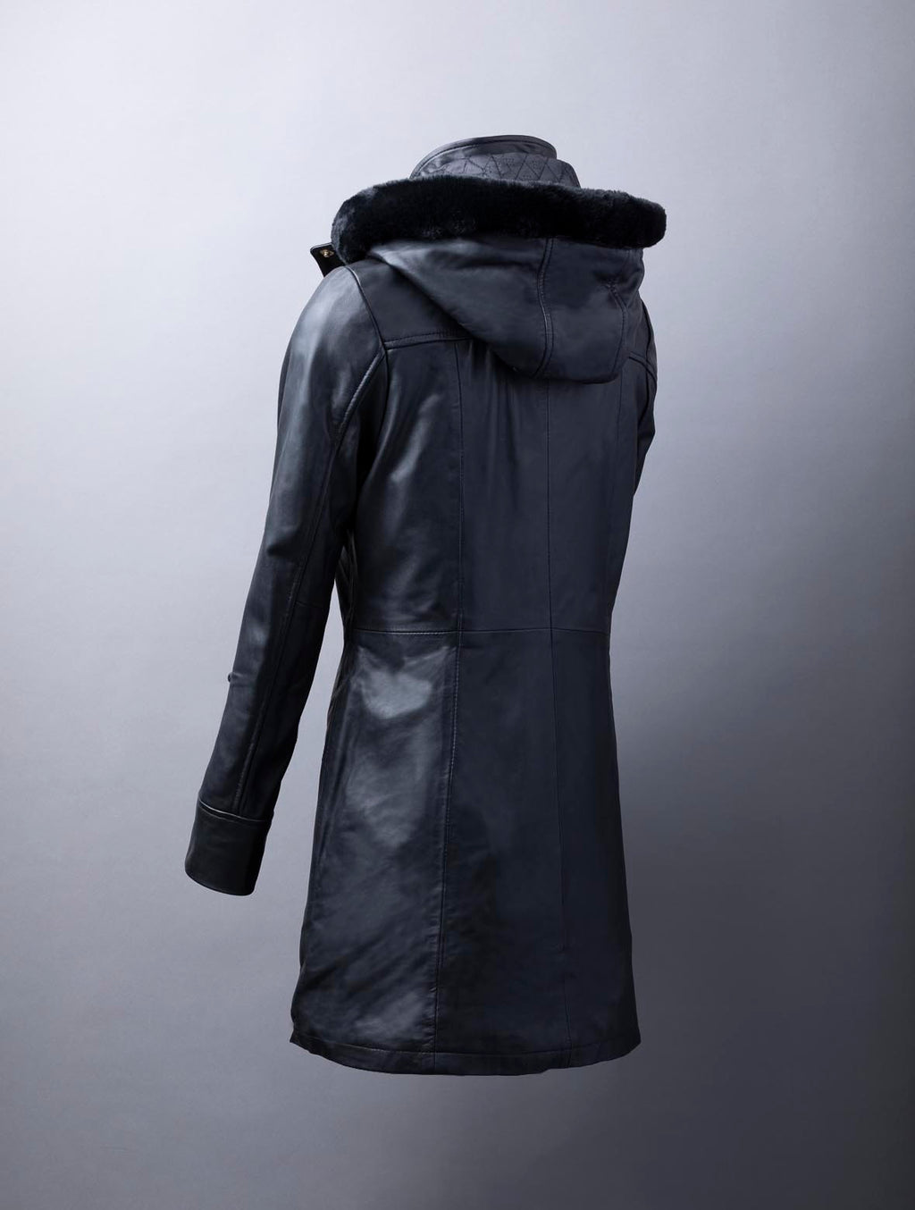 Ullapool black leather coat for women with removable hood