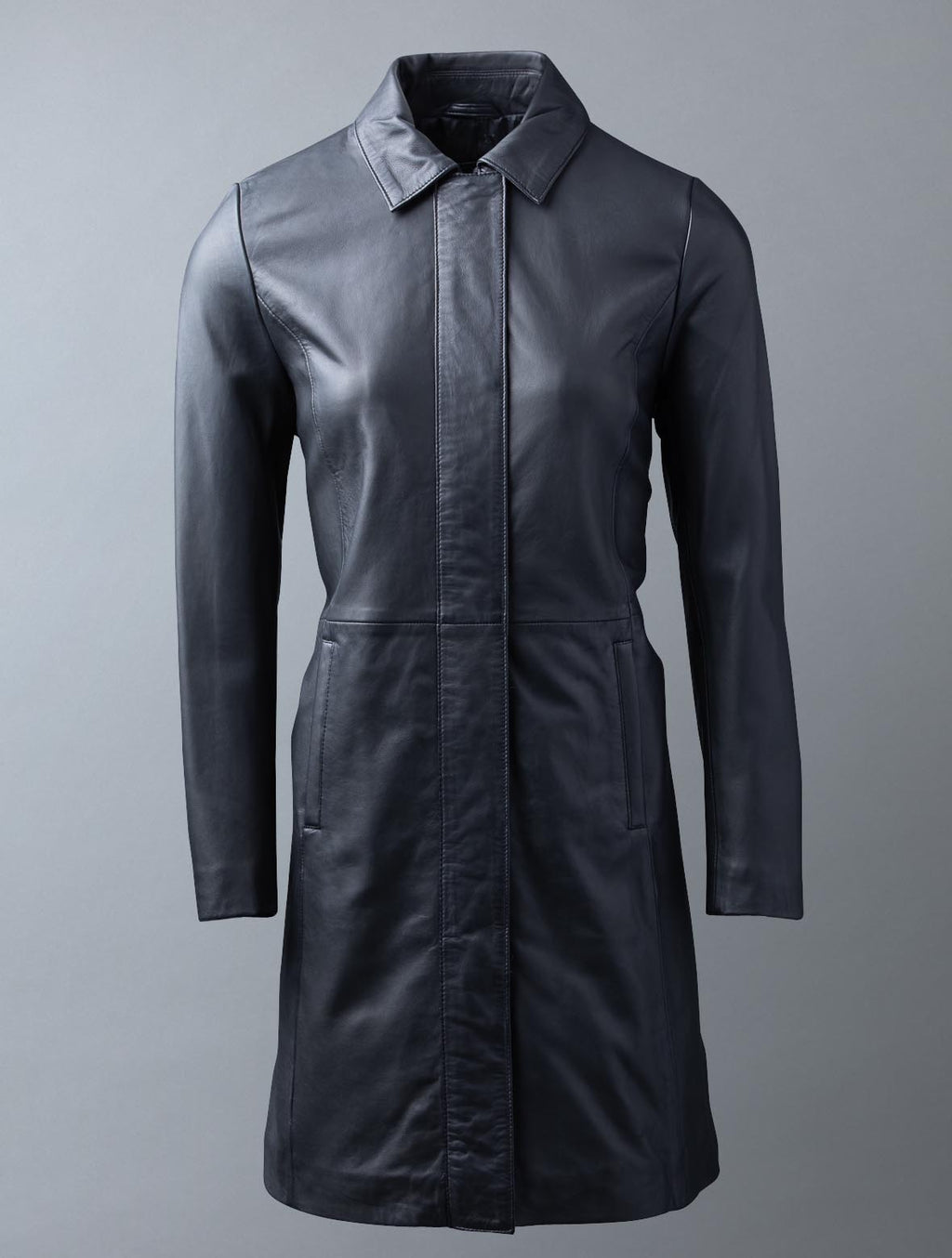 Wishaw black aniline leather coat for women with concealed front
