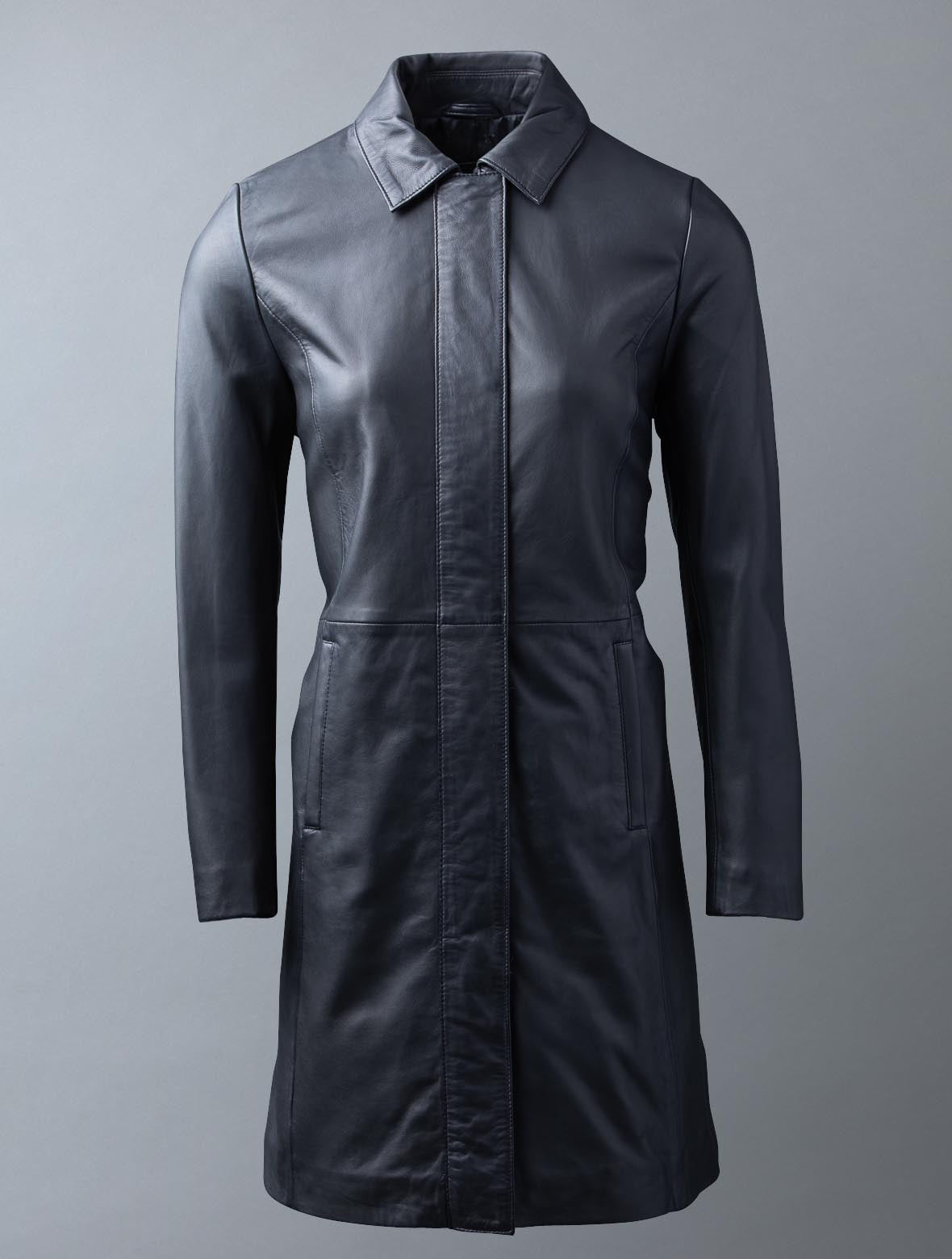 Wishaw black aniline leather coat for women with concealed front