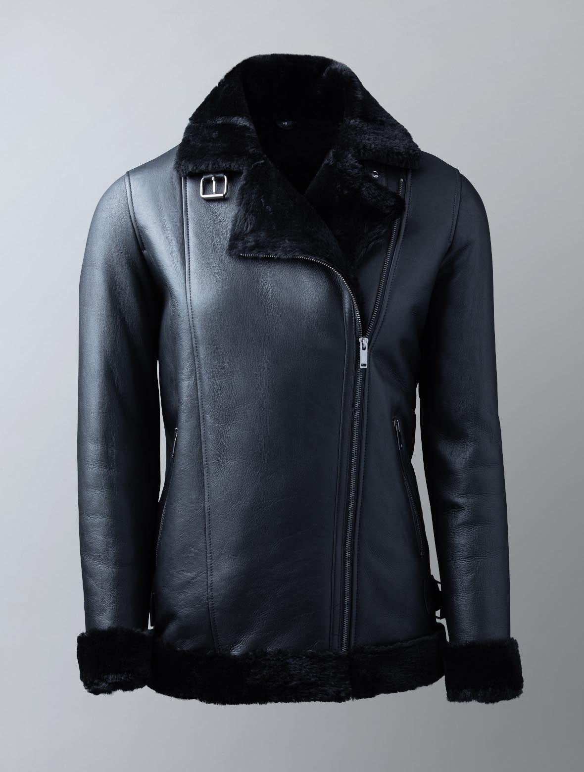 Largs oversized black sheepskin aviator leather jacket for women