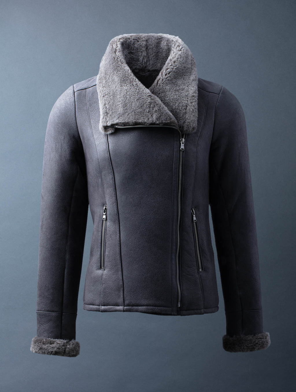 Huntly charcoal grey sheepskin aviator jacket for women, photo 2