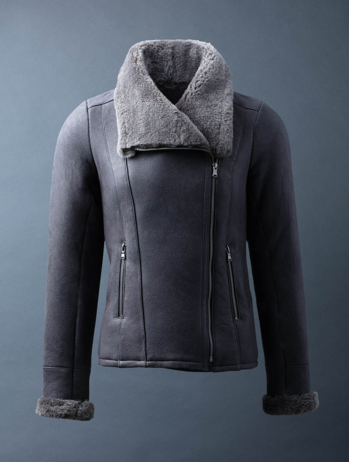 Huntly charcoal grey sheepskin aviator jacket for women, photo 2