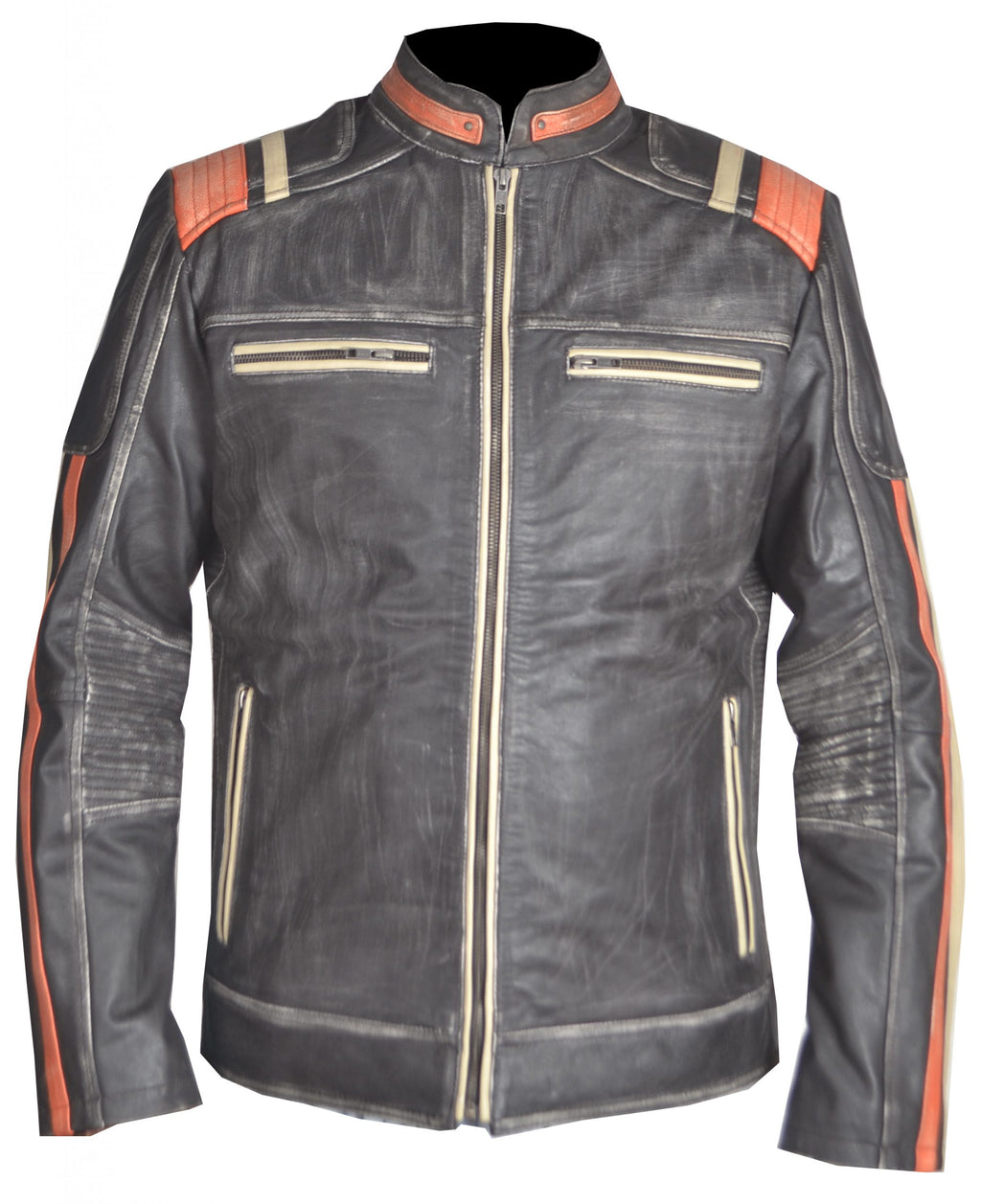 Vintage cafe racer leather jacket for men in distressed black and orange