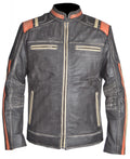 Vintage cafe racer leather jacket for men in distressed black and orange