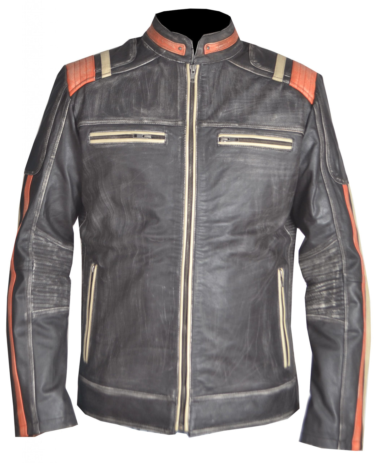Vintage cafe racer leather jacket for men in distressed black and orange